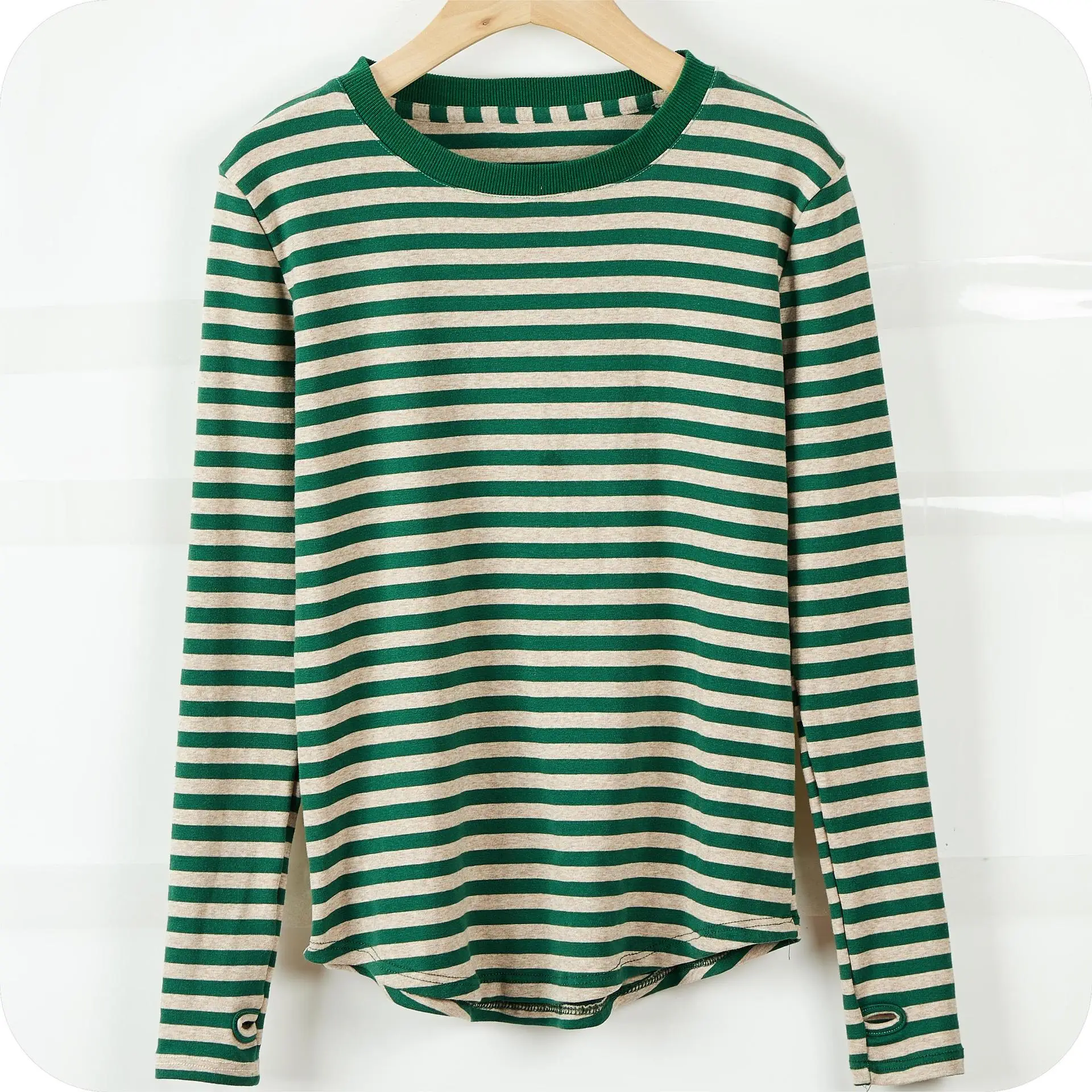 2023 Early Autumn New Fashion Personality Green Stripe Long Sleeve T-shirt with Underlay