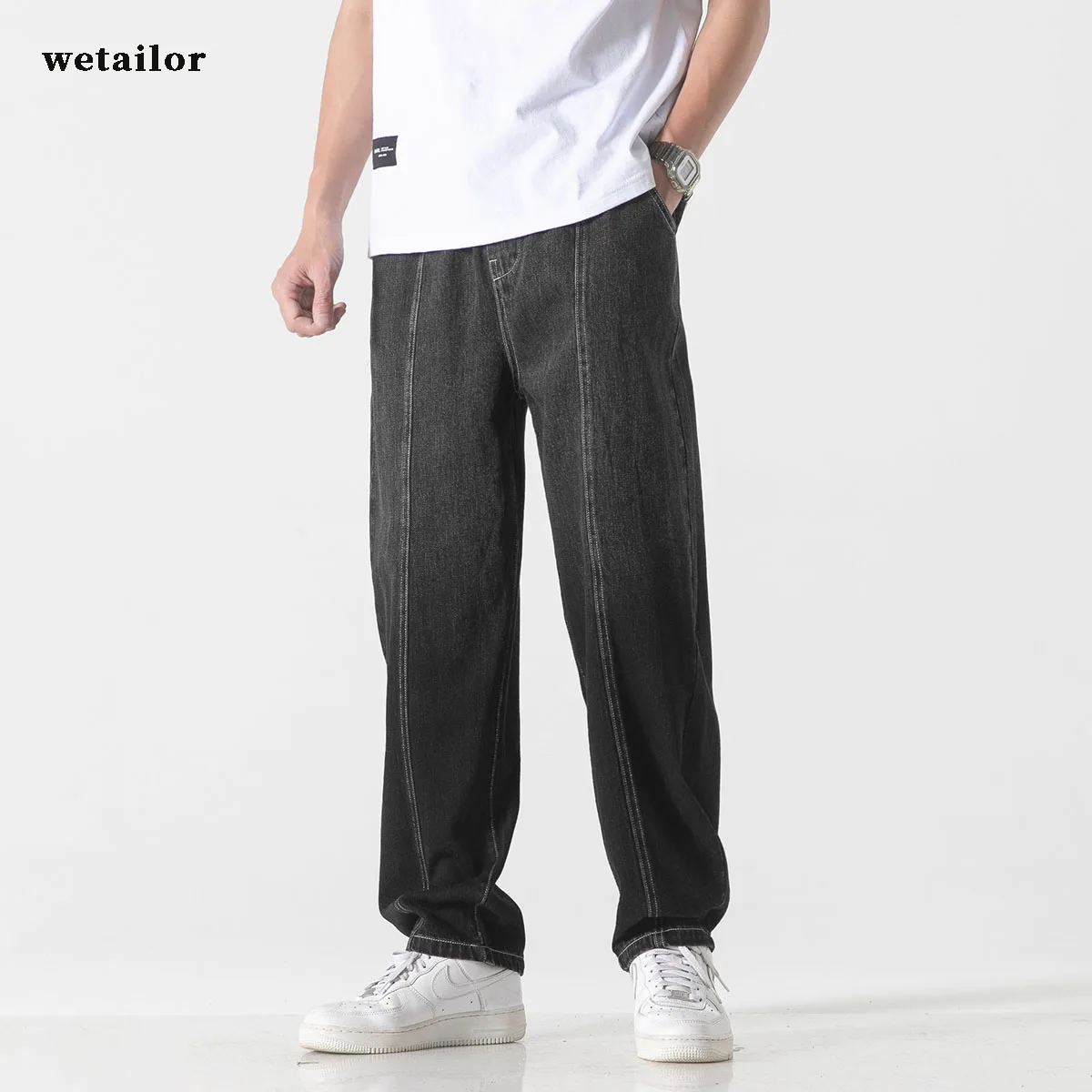 Black Men's And Women Jeans Gradient Wide Leg Jeans For High Waist Pants Blue Straight Loose Distressed Street Jeans Gradient