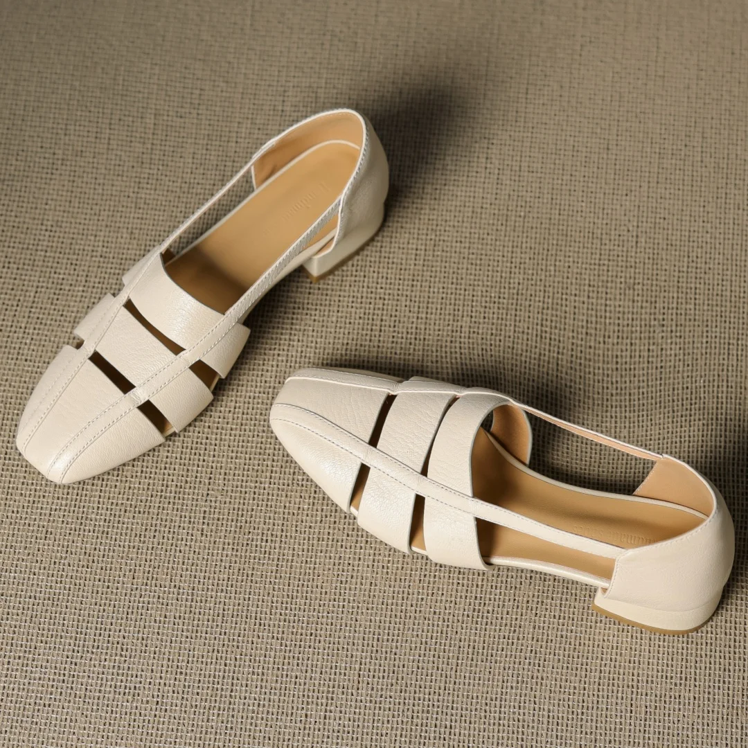 Women's sheepskin narrow band patchwork hollow-out square toe slip-on flats high quality soft comfortable casual summer shoes