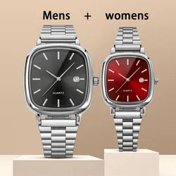 Elegant His and Hers Quartz Watches with Stainless Steel Bands and Calendar - Perfect Christmas Gift (Silver black red)