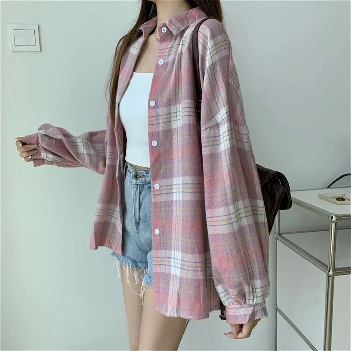 Korean Plaid Blouse Image 13