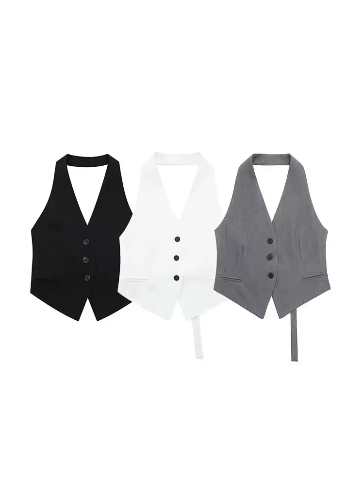 Fur Vest Women Vest TRZA Women Fashion Backless Halter Neck Waistcoat Sexy Sleeveless Button-up Female Outerwear Chic Vest Tops