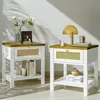 Nightstands Set of 2, End Tables with Rattan Decor Drawers, Bedside Tables in Boho Style, Side Tables with Storage Shelf, White 1