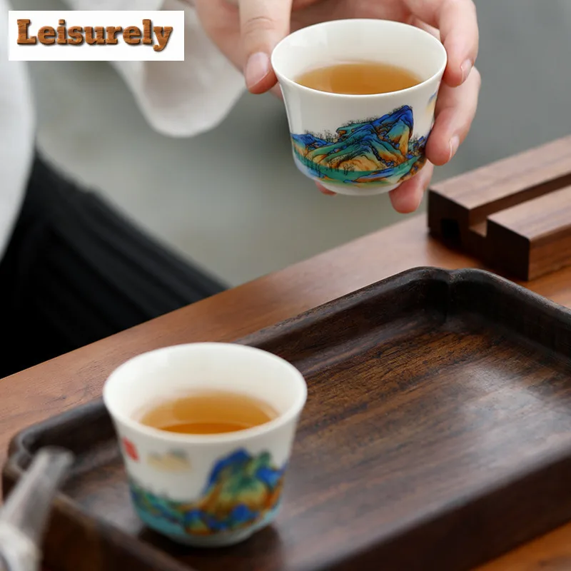 4pc/lot 85ml Landscape White Porcelain Teacup Ancient Tea Bowl Teacup Meditation Cup Chazhan Master Cups Tea Services Gift Box