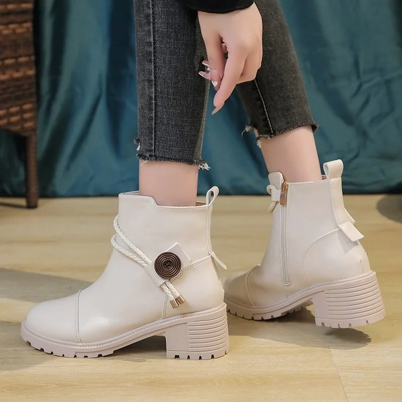 2022 Winter Leather Ankle Boots for Women Shoes Round Toe ZIP Women Boots Office Lady Female Boots Platform Shoes Grown