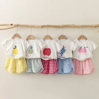 아기용 반팔 의상, 파인애플 애플 프린트, 귀여운 티셔츠, 캐주얼, 컬러풀한 여아 코튼, 부드러운 반바지, 얇은 투피스, 신상