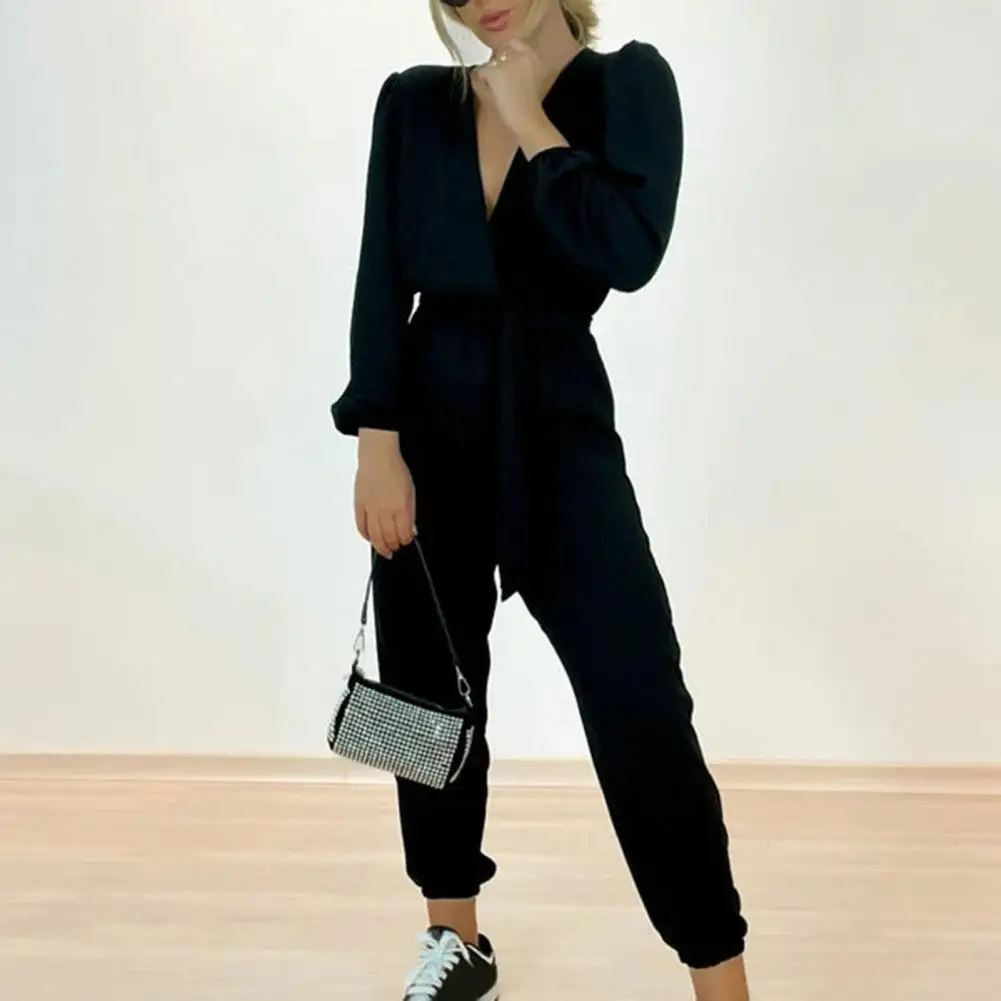 

Loose Wide-leg Jumpsuit Women Jumpsuit Chic Women's V-neck Long Sleeve Jumpsuit High Waist Belted Romper for Slim Fit Streetwear