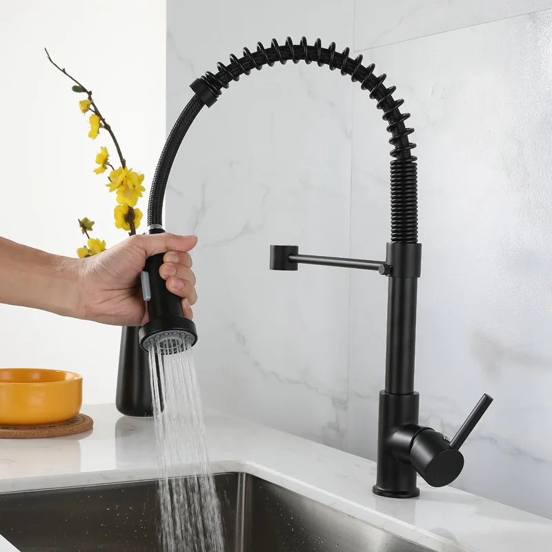 

1pcs Matte Black Hot and Cold Kitchen Faucet Spring Pull Down Kitchen Sink Faucets Deck Mounted Pull-out Mixer Crane Dual Spout