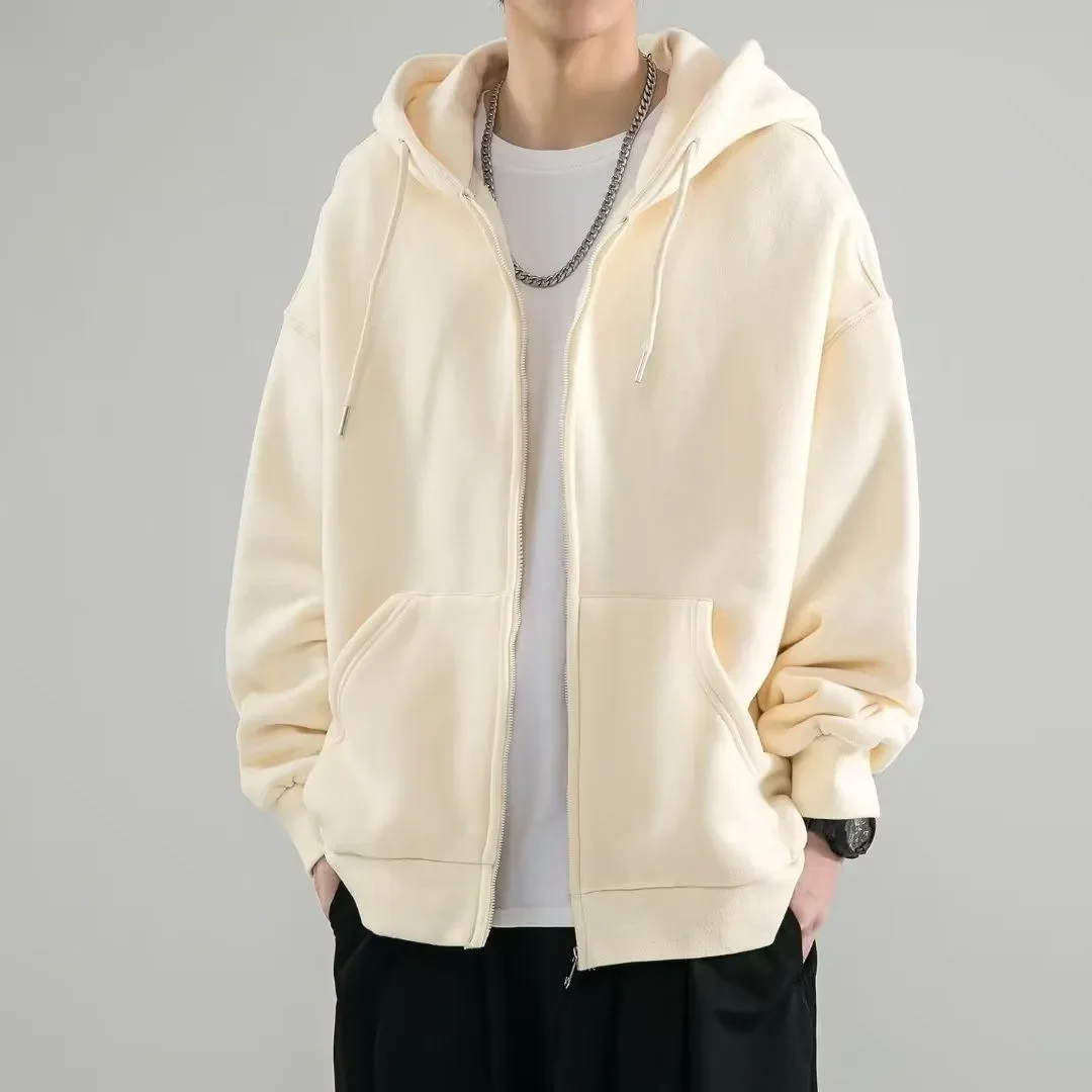 Heavyweight Basic Solid Color Cardigan Sweatshirt Men's Tide Loose Large Size Men's Hooded Sweatshirt Jacket Hoodie Men 2023