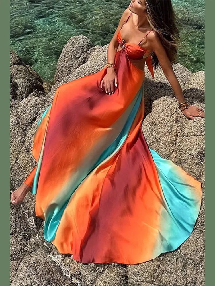 Fashion Gradient Hollow Out Maxi Dress Women Bohemia Spaghetti Strap Sleeveless Backless Beach Dresses Female Vacation Chic Robe 5