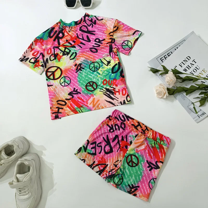 Girls Clothing Set Summer Short Sleeve Tops Rainbow Color Shorts 2pcs Outfits 8Y