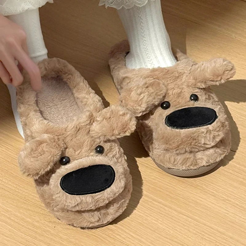 Funny Big Nose Dog Cotton Slippers for Women Comfortable Soft Sole Winter Fluffy Slippers Woman Indoor Non Slip Warm Slides