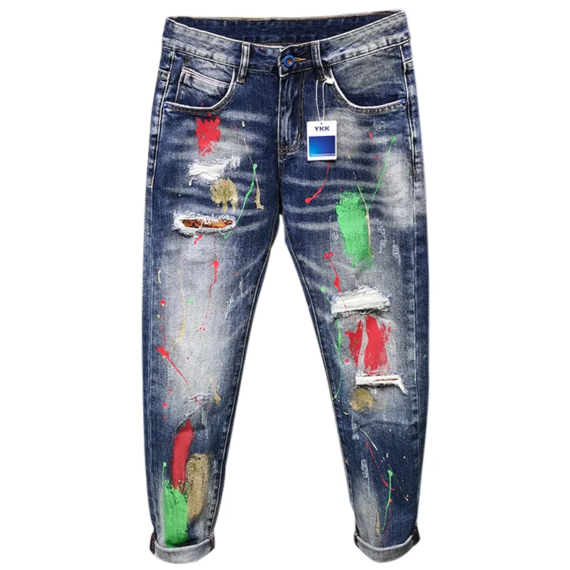 Men Graffiti Jeans Fashion Spray Paint Ripped Hole Personality Hiphop Streetwear Slim Youth Denim Trousers