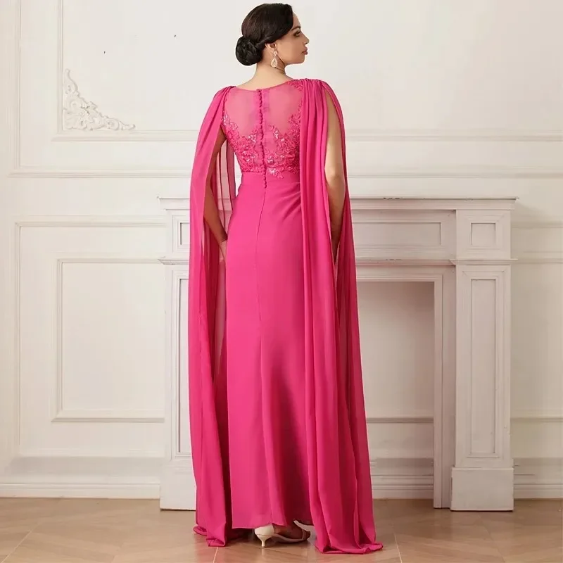 

Stylish Hot Pink Chiffon Mother Of The Bride Dress Evening Gowns Cap Sleeves Decal Guest Gowns Wedding Party Robe De Soiree