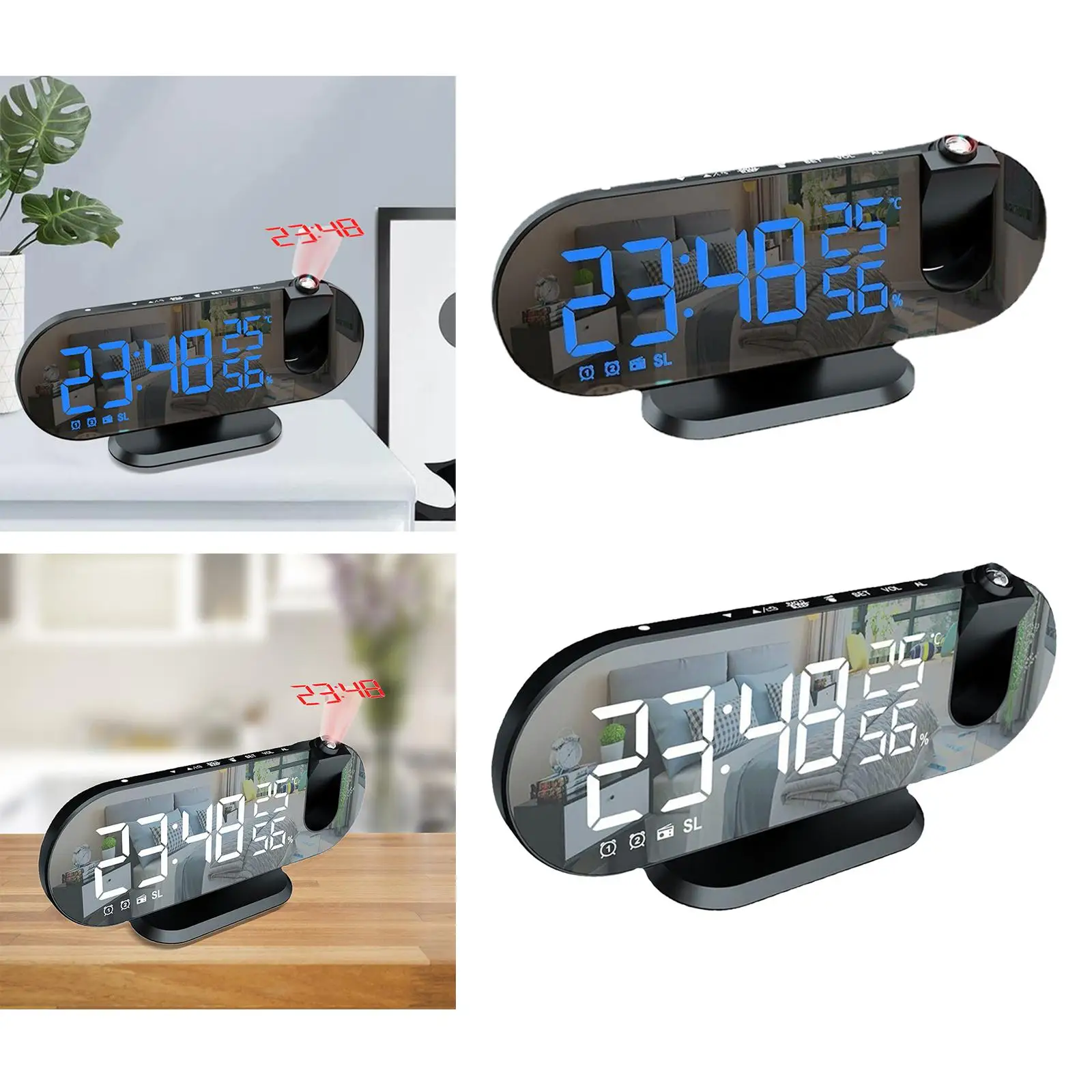 Electronic Digital LED Mirror Alarm Clock Projector USB Rechargeable Temperature 4