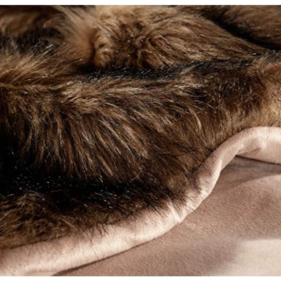 Luxury Plush Faux Fur Blanket Queen Size Long Pile Brown with Black Tips Oversized Super Warm Fuzzy Elegant Fluffy Decoration T