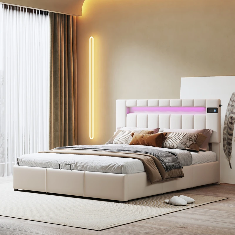 postkantoor veel plezier marathon Upholstered Bed Frame 140x200 With Led Light, Bluetooth Player And Usb  Charging, Hydraulic Lift Bed Storage In Beige Velvet - Bed Bases & Frames -  AliExpress