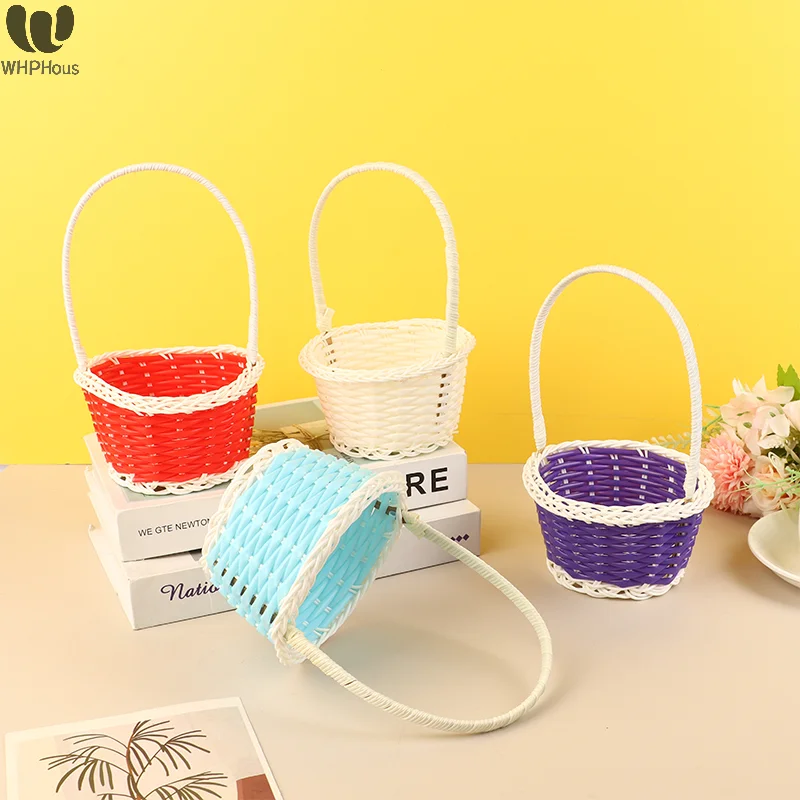 Plastic Rattan Woven Blue Easter Egg Basket Round Storage Basket Home Gift