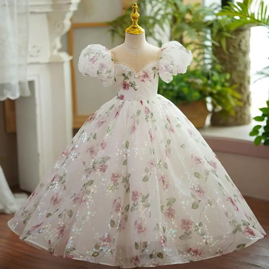 

HIgh-End Children's Prom Princess Evening Gown Pearls Print Design Kids Catwalk Birthday Party Wedding Girl's Dress A3039