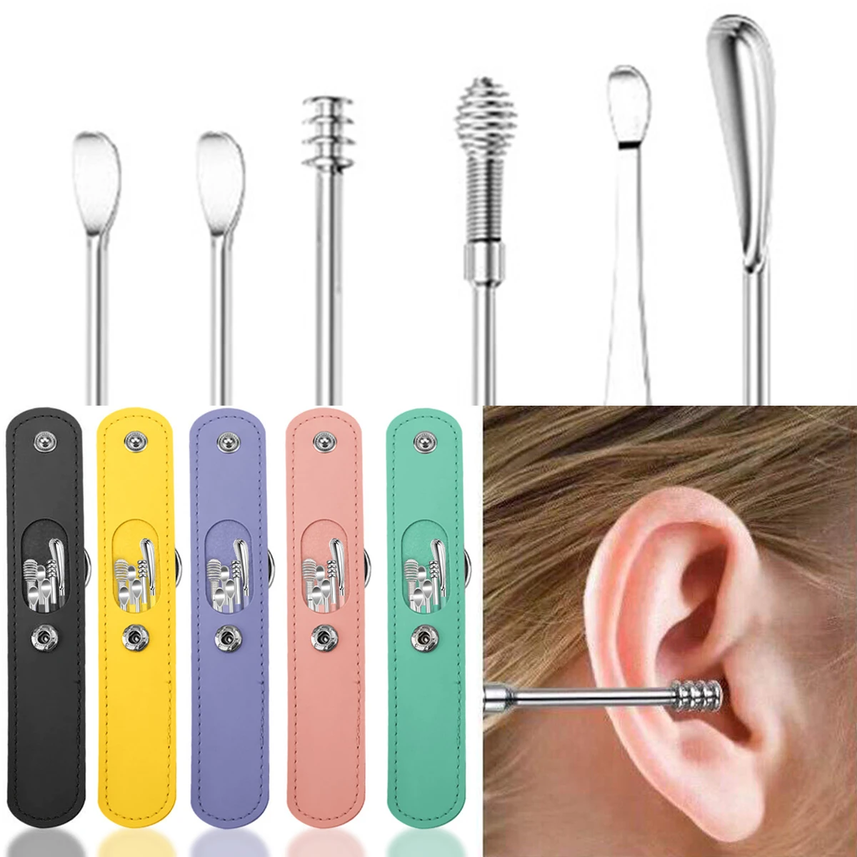 

Set of 6 Ear Cleaners Spiral Leather Wrap Ear Scoop Stainless Steel Ear Stick Ear Wax Remover Tweezers Spoon Ear Stick