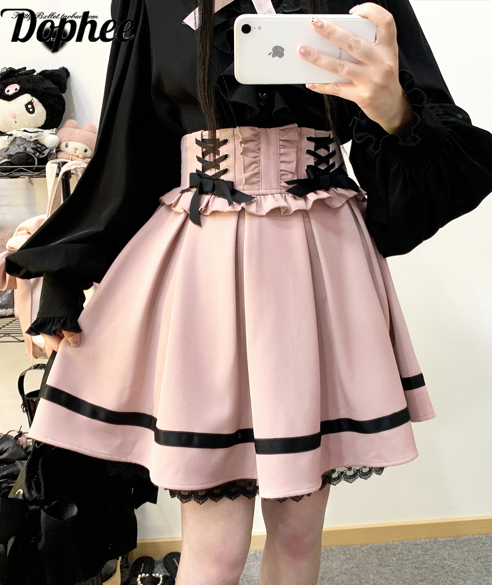 

Dophee Original Landmine System Young Girls Short Skirts Cute Double Layered Tie Bow Lace Splicing High Waist Lolita Skirts