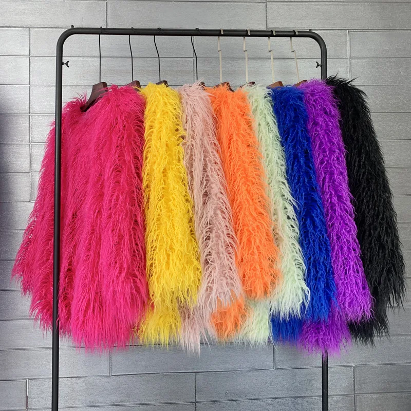 Winter Colorful Fluffy Fur Coat Women Clothing Pink Faux Fur Jacket Streetwear Fleece Sheepskin Coat Warm Luxury Brand Jackets