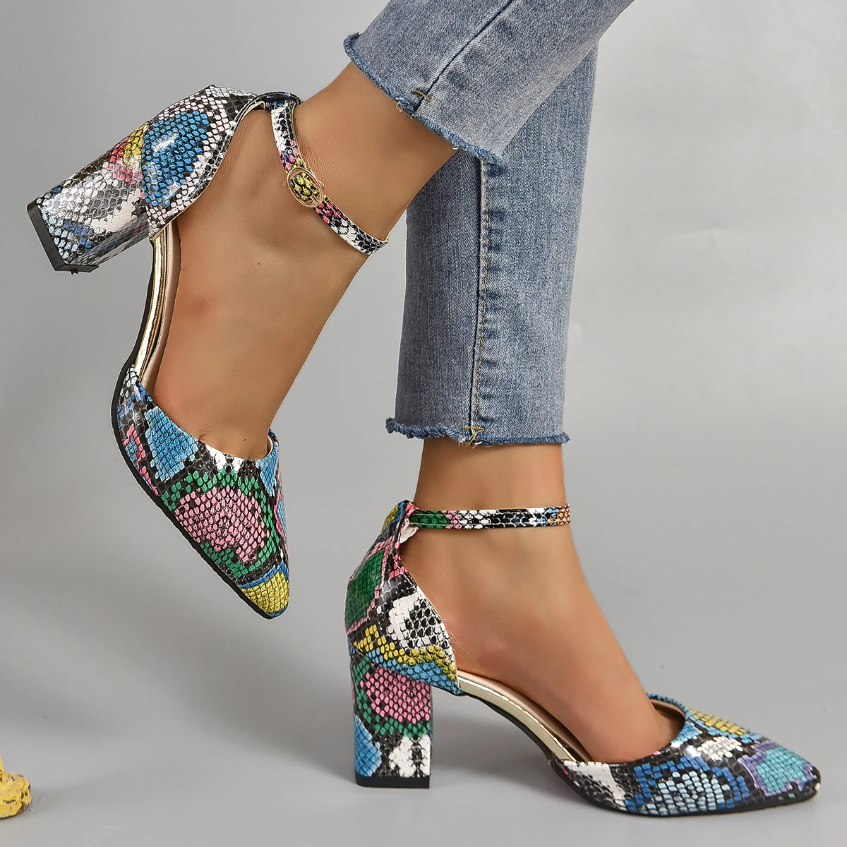 Aphixta Snake Pattern High Heel Sandals Summer Elegance Retro Women's Square Heel Sandals Size 33-46 Pearl Chain Design