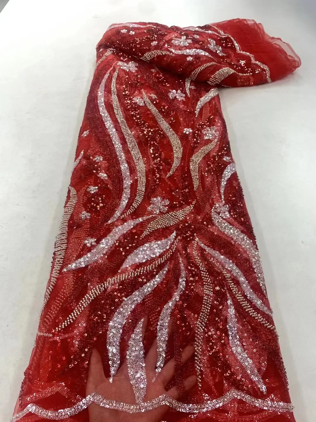 

Red New arrival Sequins Beads African Lilac Lace Fabric 2021 High Quality French Tulle Net with Sequins For Nigeria Wedding