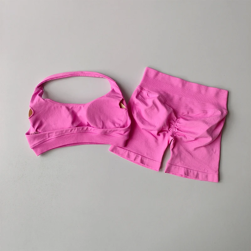 Sexy Halter Neck Beautiful Back High Waist Peach Sports Bras Shorts Suit...