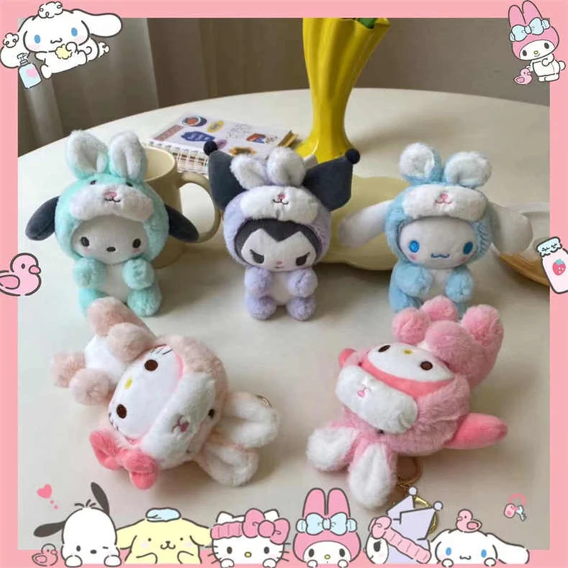 15CM Sanrio 토끼 Plush Keychain Kawaii 산리오 시나모롤 포차코 키링 Accessories Cartoon Rabbit Keychains Kids Girl Toys Pendant Holiday Gifts plush keychain key chain bunny keychain