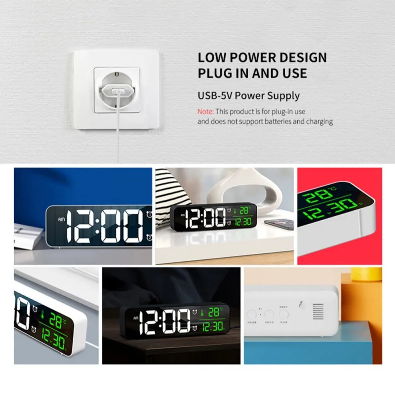 LED Digital Alarm Clocks With Snooze Digital Temp Time Music Dual Clock With USB Charger Large Digit Display Brightness Dimmer 6