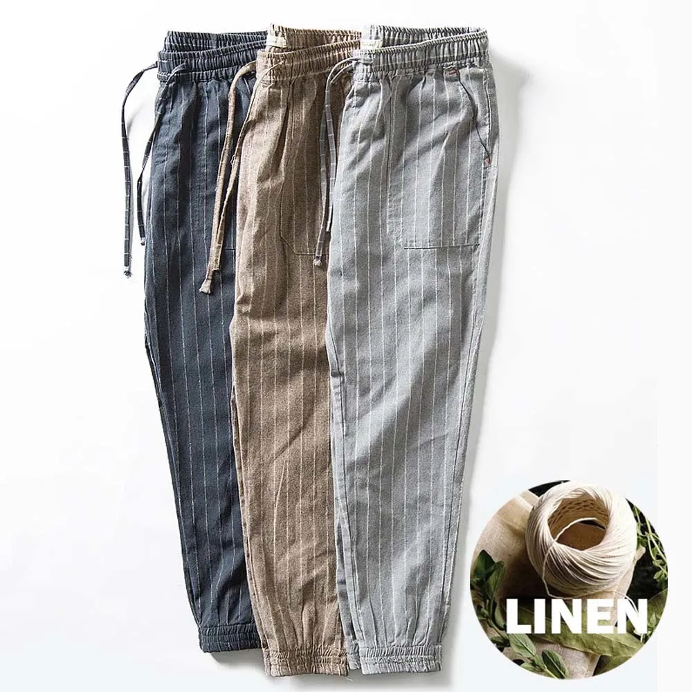 

Cotton Linen Pants Men Lightweight Summer Men's Drawstring Waist Pant Elastic Relaxed-Fit Casual Beach Trousers 2024 Navy Blue