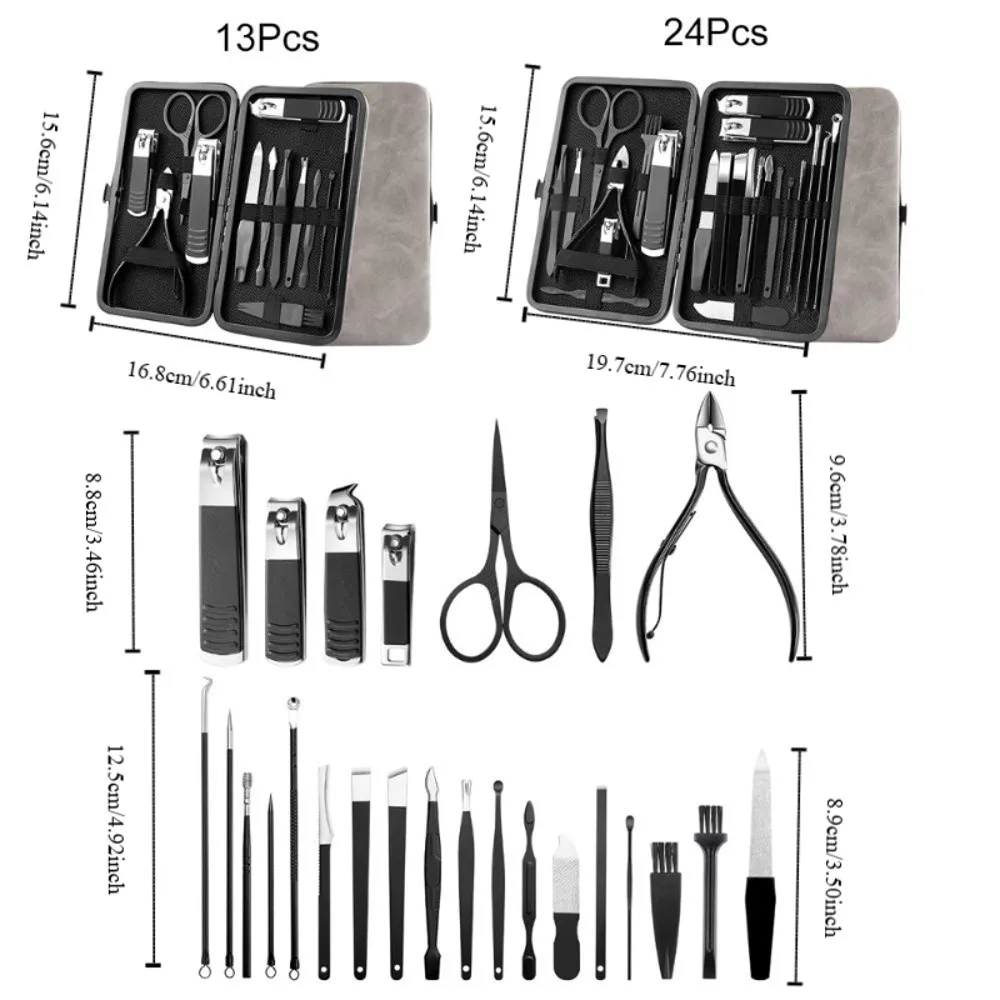 13/24개 미끄럼 방지 디자인 스테인리스 스틸 손톱깎이 세트 PU 케이스 포함 날카로운 날, 블랙 매니큐어 세트, 어린이용 손톱 다듬기 세트