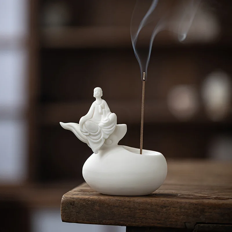 White Buddha Incense Burner Ceramic Tray Chinese White Porcelain Statue Incense Holder Meditation & Aromatherapy Decor