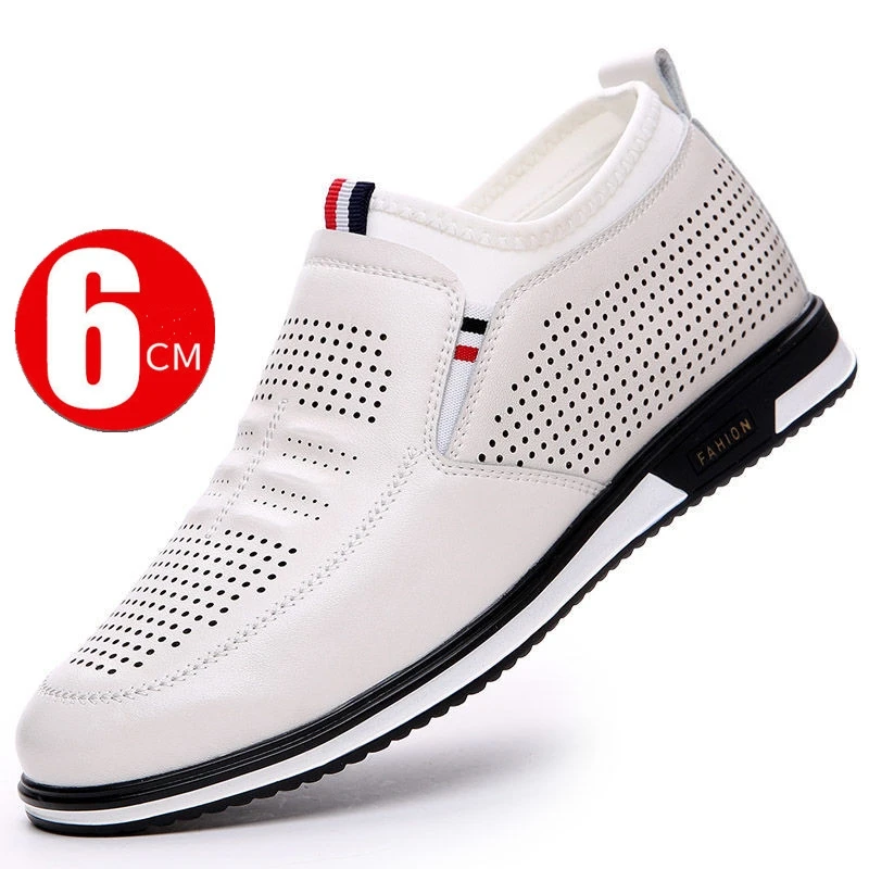 Men Hollow Breathable Cow Leather Casual Elevator Shoes Soft Comfortable Flat/6cm Hidden Heels Height Increase Sneakes Tall Shoe 4