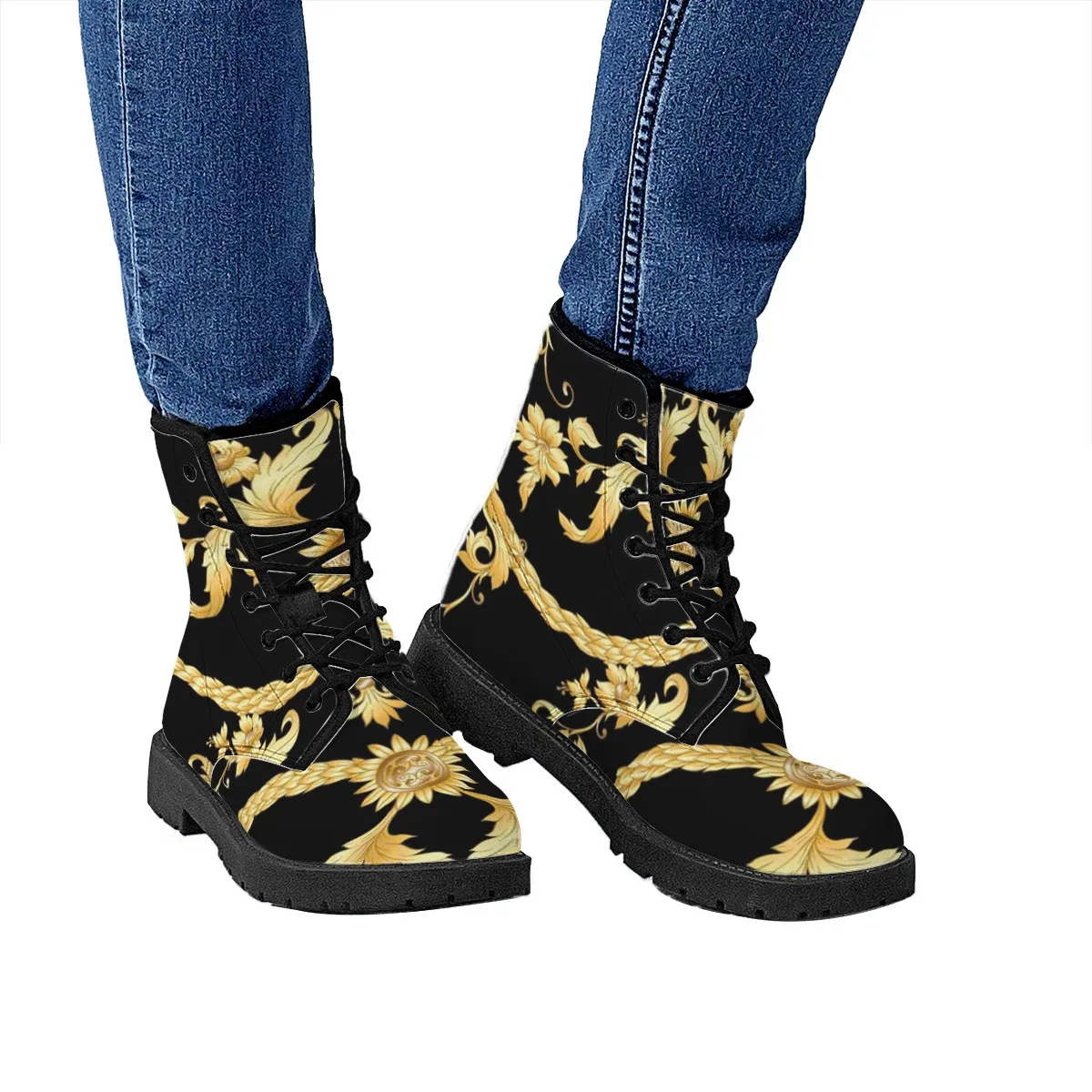 Women's Boots Black Golden Pattern PU Leather New Autumn Winter Fashion Women's Ankle Boots Retro Martin Boots