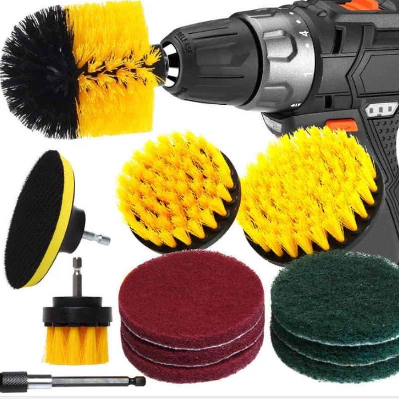 

Electric cleaning brush yellow 12-piece set electric drill brush head set floor and wall descaling,cleaning and polishing