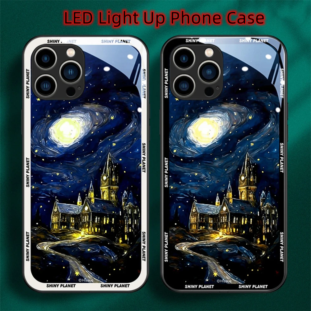 

Magic Castle Luxury Luminous Glass Phone Case For Huawei Mate 60 50 40 30 Pro Plus P60 P50 P40 P30 LED Light Up cover