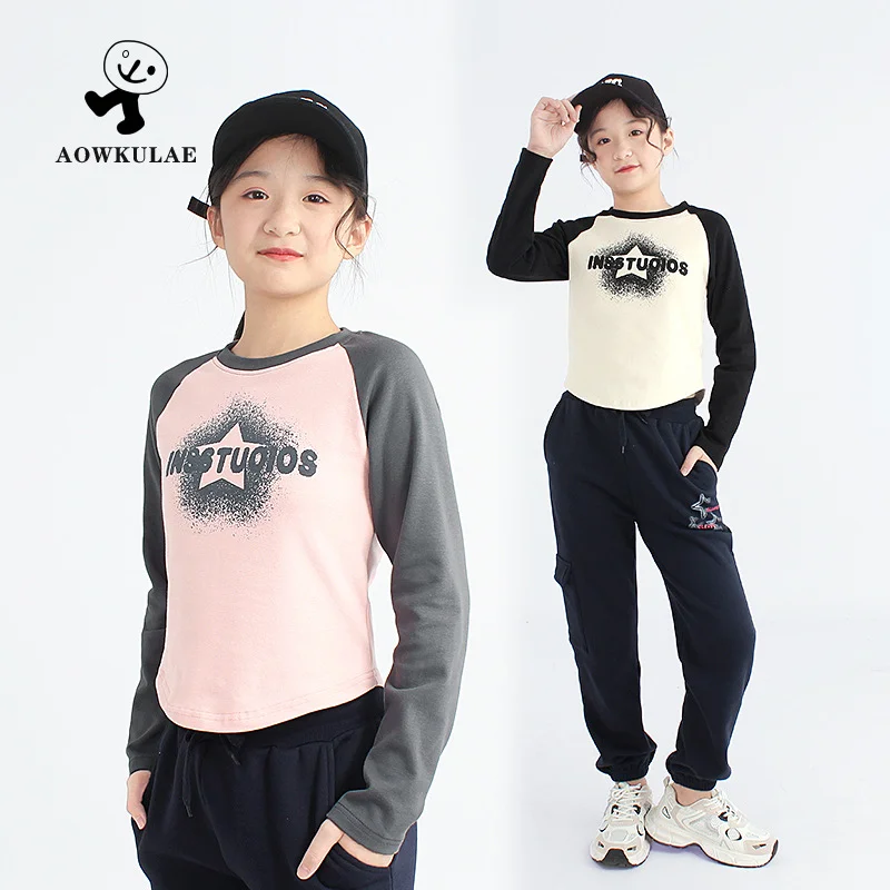 Autumn Winter Long Sleeve T-shirt Girls Big Kids Versatile Short Warm Top Children Base Shirt Soft Cotton Material