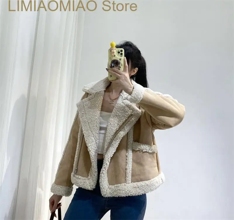 New Women's Heavy fleece Jacket, Cashmere spliced Coat, Warm Short zipper casual dress,
