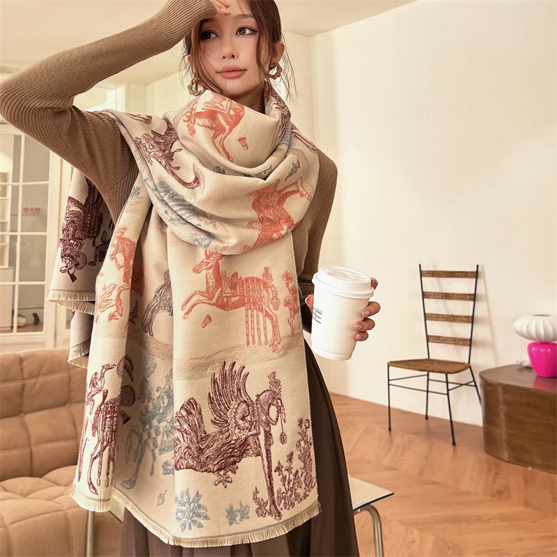 

Warm Cashmere Pashmina Shawl Women Scarf Luxury Double Side Horse Print Blanket Poncho Bufanda Wraps Casual Travel Echarpe 2023