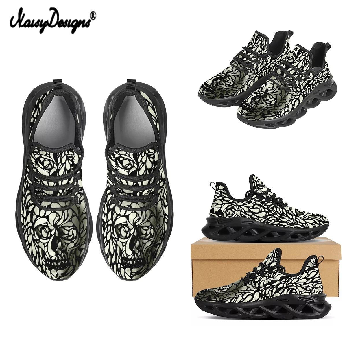 

Noisydesigns Fashion Black White 3D Abstart Skull Design Men's Sneakers Casual Flats Wear-resistant Comfortable Sport Shoes 2021