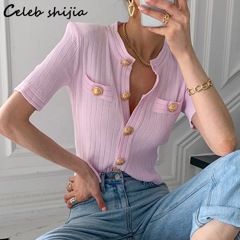 

Golden Button Cropped Cardigan Woman New Chic Short-sleeve Knit Tops Korean Elegant Runway Single Breasted Pink Sweater Coat