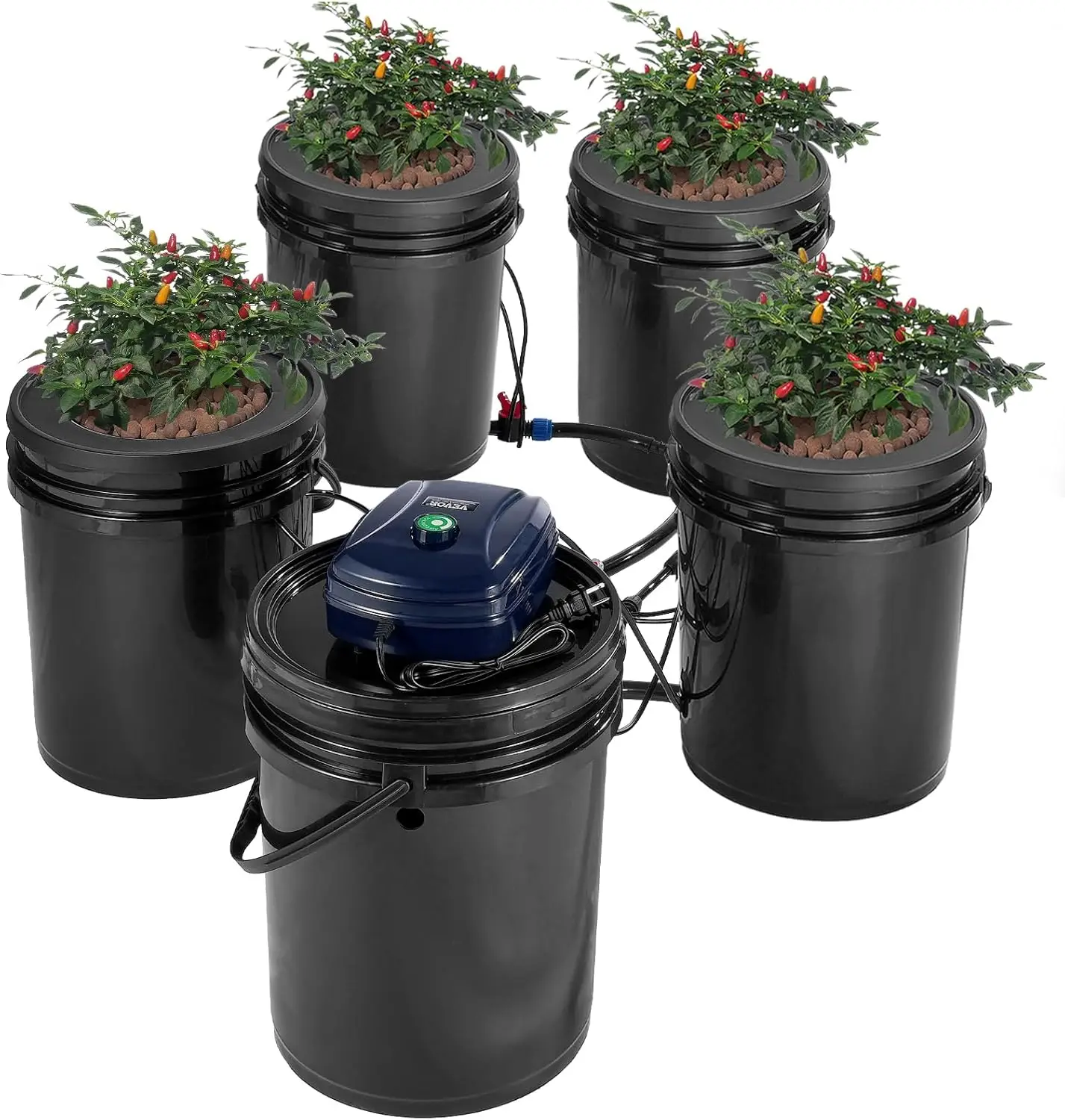 RDWC Hydroponics Grow System, Hydroponic Growing Kit with Top Drip, Recirculating Deep Water Culture 4 Buckles and 1 Reservoir