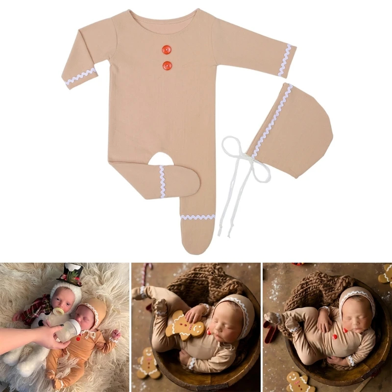 Leuke fotografiekostuumset met kerstthema voor pasgeborenen, baby-jumpsuit met veterhoed, babyfotografie-rekwisieten