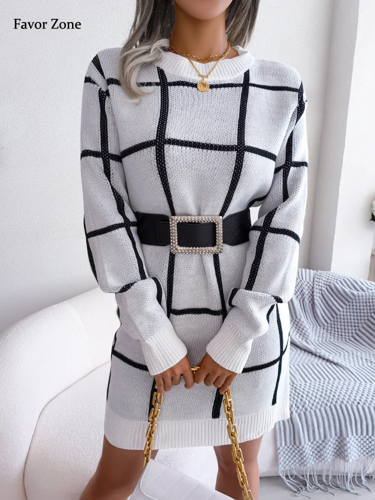 

Vintage Plaid Casual Knitted Sweater Dress For Women 2023 Long Sleeve Loose Office Dresses Autumn Wnter Elegant Sexy Mini Dress