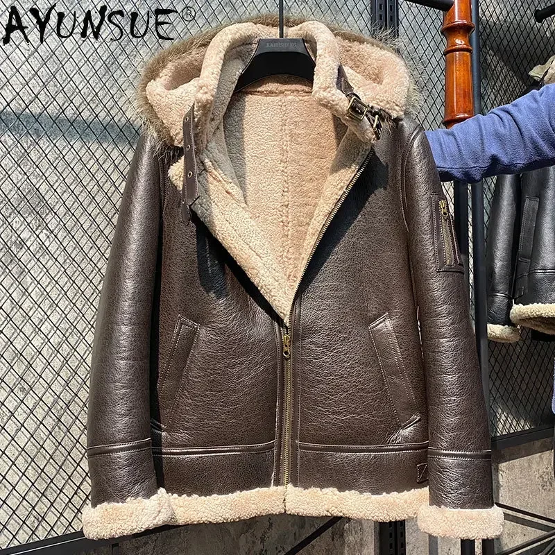 AYUNSUE Warm hooded winter jacket men 100% nature Sheepskin Fur