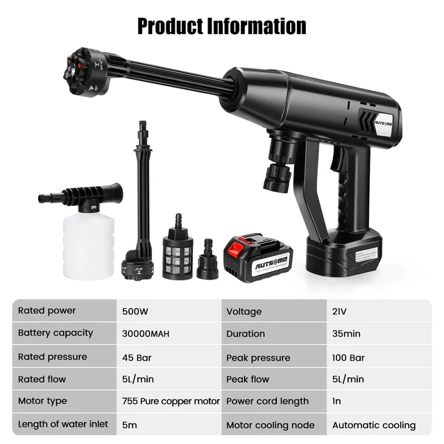 100Bar 6-in-1 30000mAh 500W Cordless Car Washer Spray Water Gun 0/1/2 Battery Washing Cleaning Machine 2
