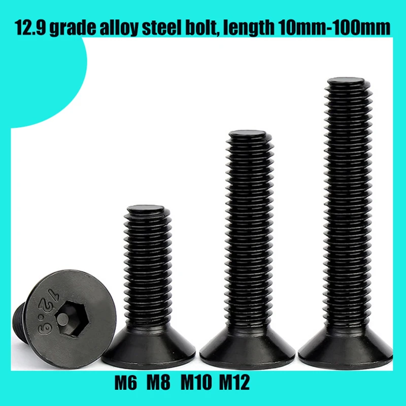 

30Pcs/5Pcs M6 M8 M10 M12 Alloy Steel Grade12.9 Black Flat Hex Countersunk Allen Head Screw Length 10mm-100mm