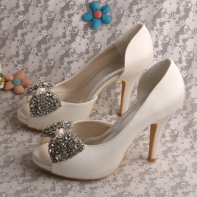 

Satin Ivory Wedding Pumps for Bride Brand Crystal Women Dress Shoes with Bowtie